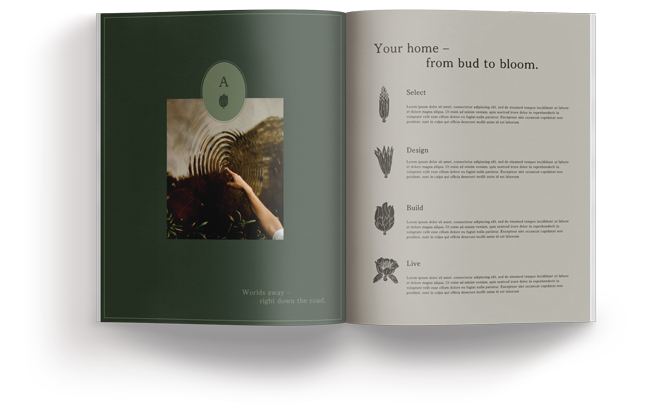 Luxury real estate presentation booklet design showcasing custom typography, graphics, and brand colors.
