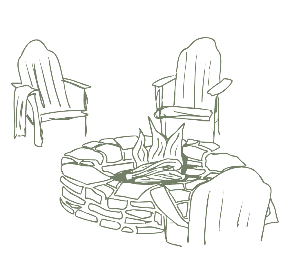 Custom amenity illustration of a stone firepit and luxury Adirondack chairs for The Arbors.