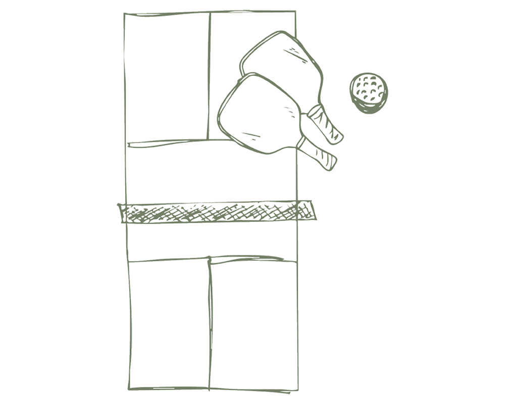 Custom amenity illustration of a pickleball court with paddles and a ball for The Arbors.