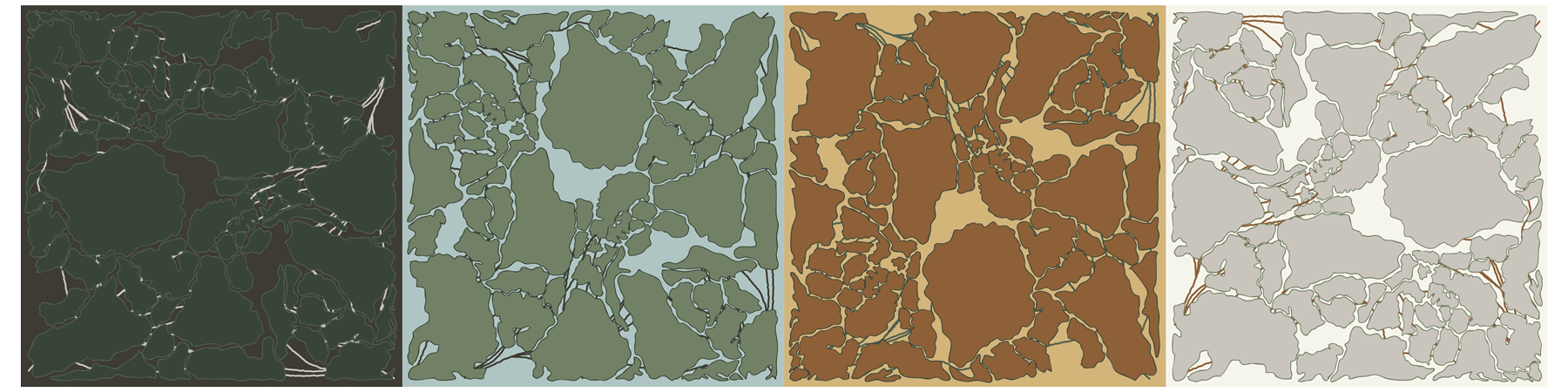 Tree canopy textile pattern variations displaying four brand color palettes for luxury apparel design.
