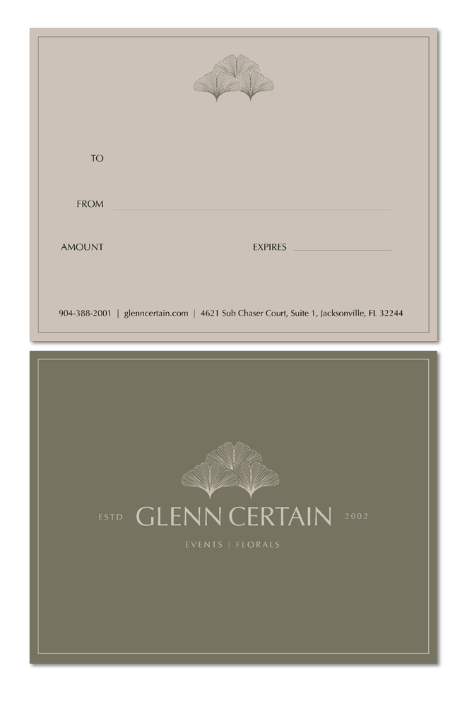 Branding gift card design for Glenn Certain Events and Florals featuring custom botanical illustrations of ginkgo leaves and the primary logo.