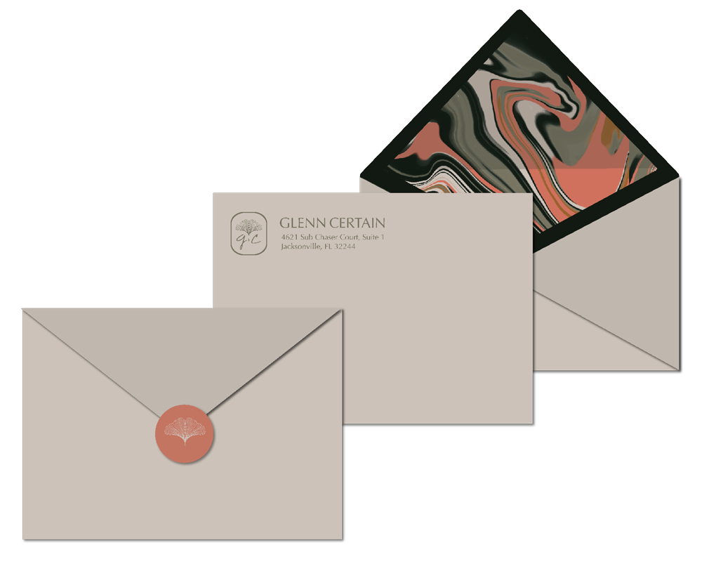 Envelope stationery mockup for Glenn Certain showcasing custom logo variations, a patterned envelope liner, and a ginkgo leaf graphic label.