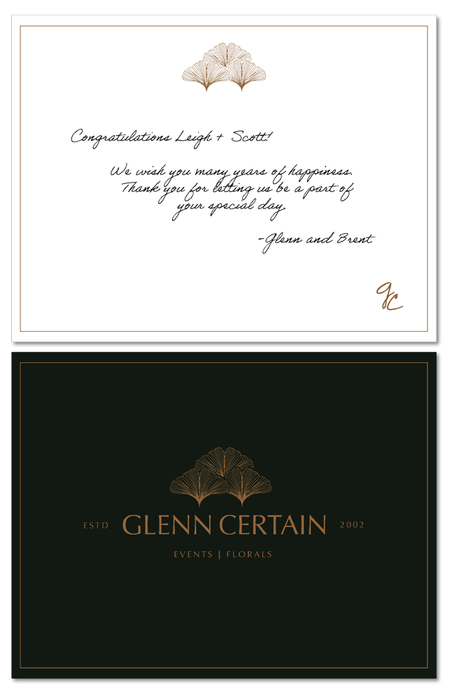 Stationery mockup on cards for Glenn Certain featuring custom logos and botanical branding.