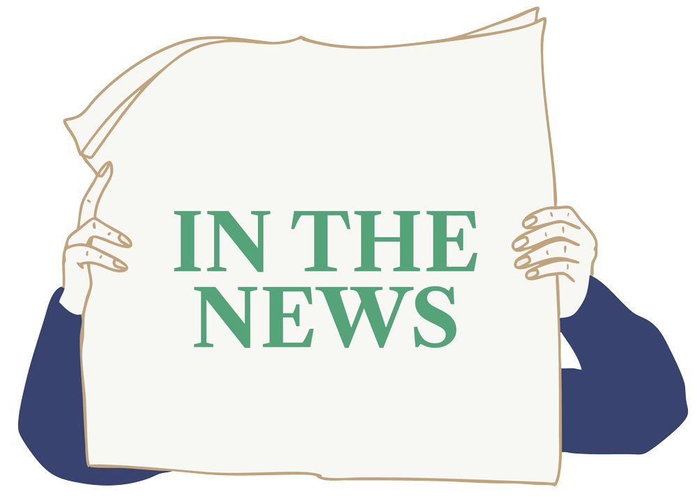 Line drawing of hands holding an open newspaper with the text 'IN THE NEWS', representing MBPR's local and national media placements.