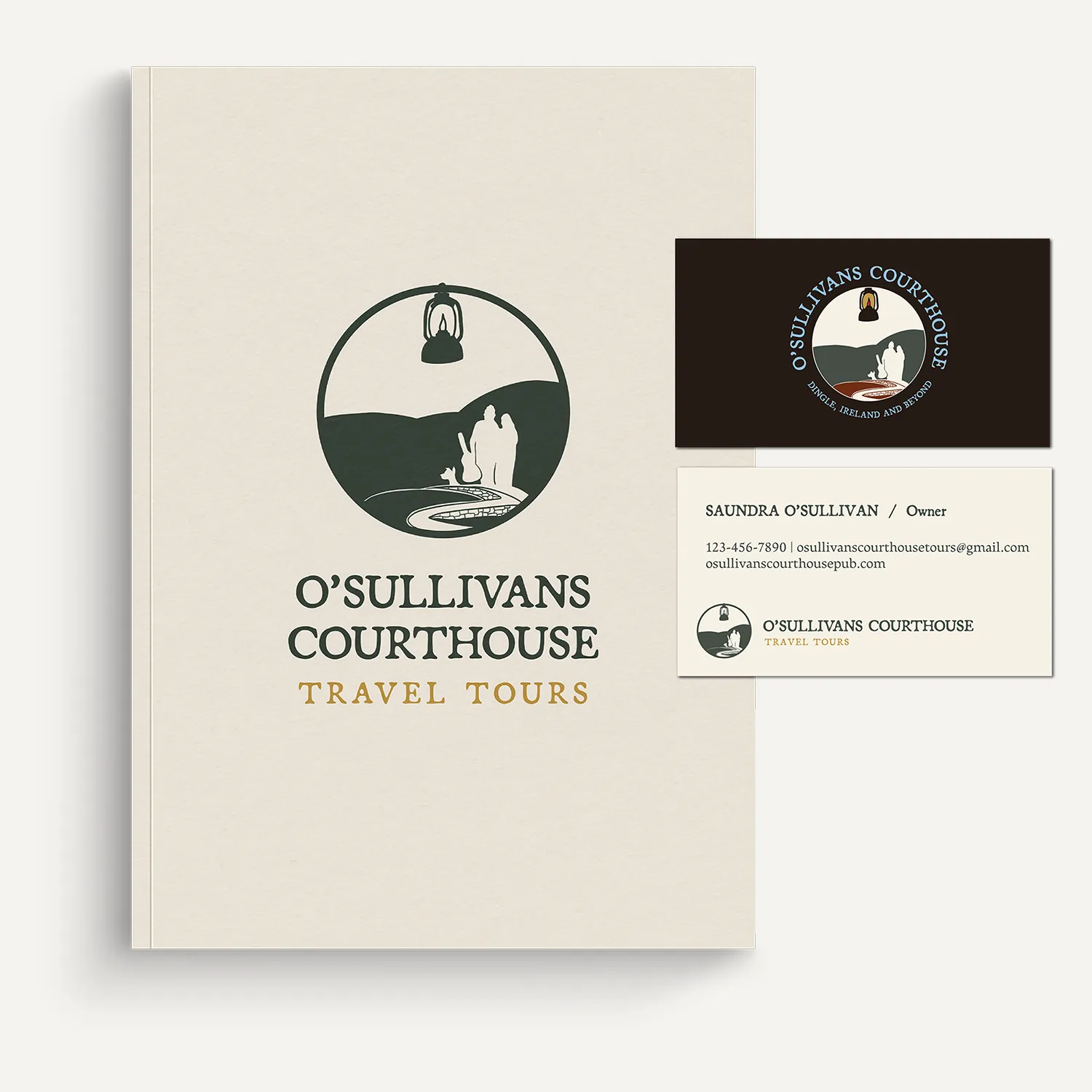 Branding letterhead and presentation folders mockup for O'Sullivans Courthouse Travel Tours showcasing custom MBPR digital illustrations.