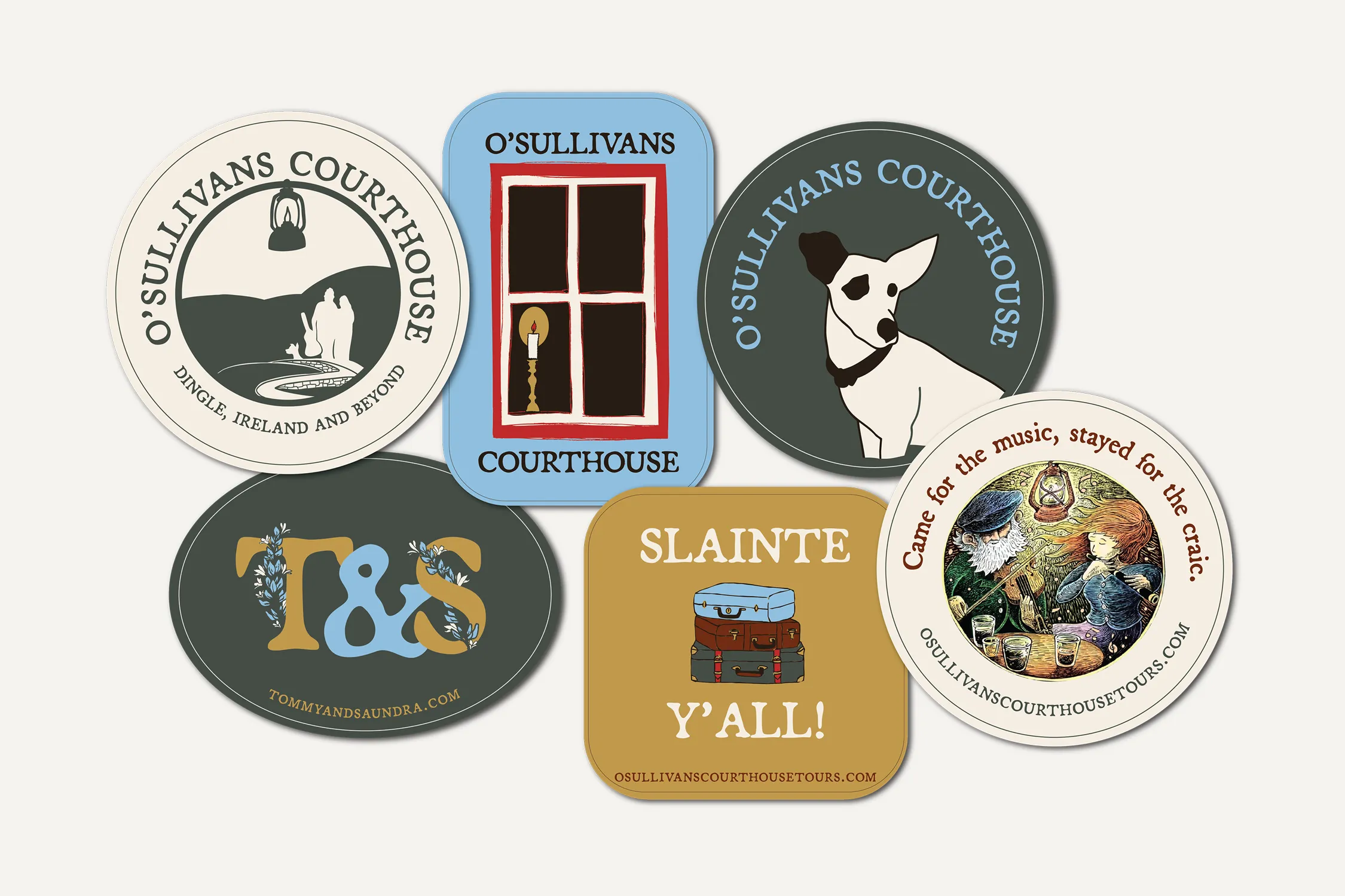 Custom stickers and labels collage for O'Sullivans Courthouse Travel Tours showcasing a variety of MBPR brand illustrations and colors.