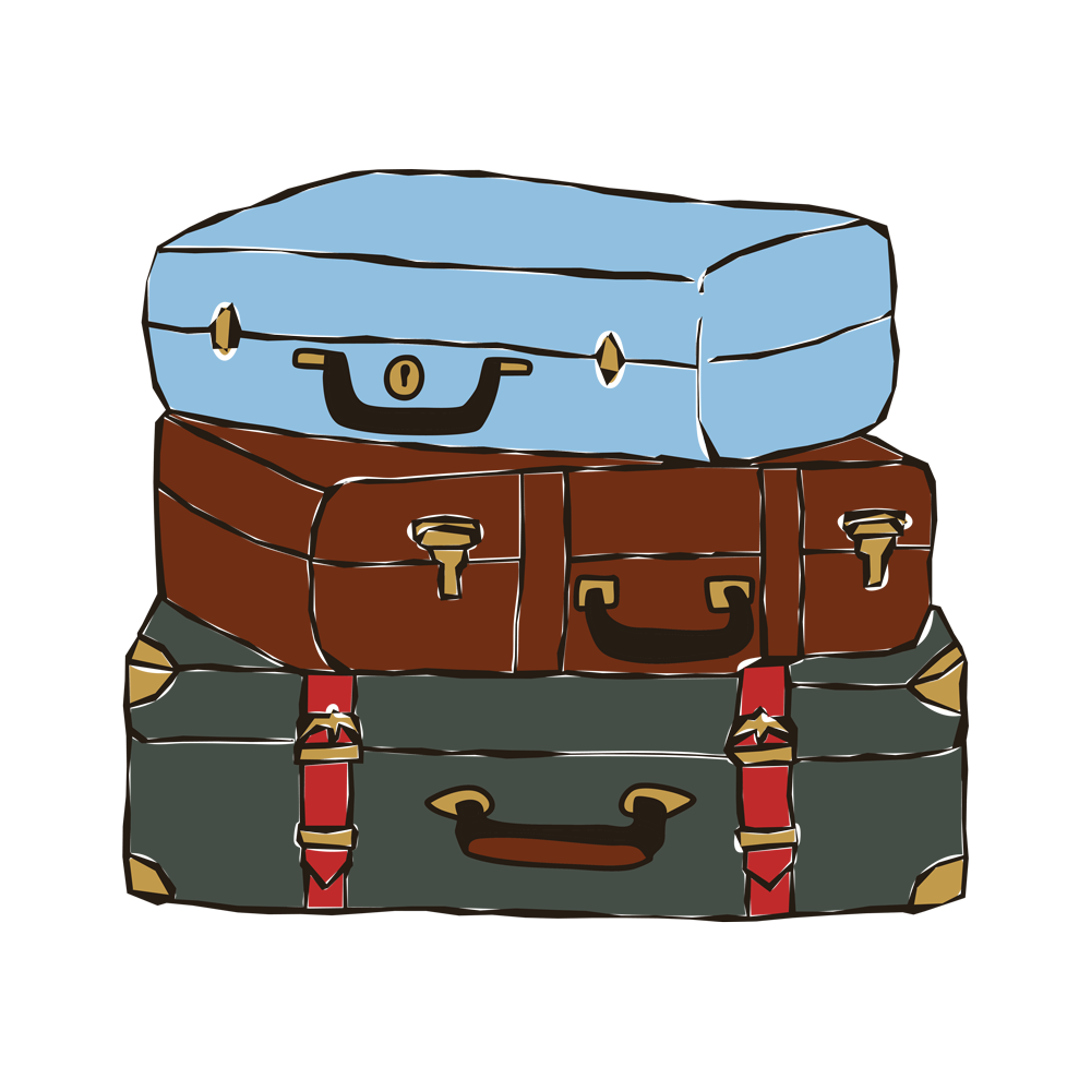 Custom digital illustration of a stack of vintage-style suitcases as part of the branding portfolio for O'Sullivans Courthhouse Travel Tours.