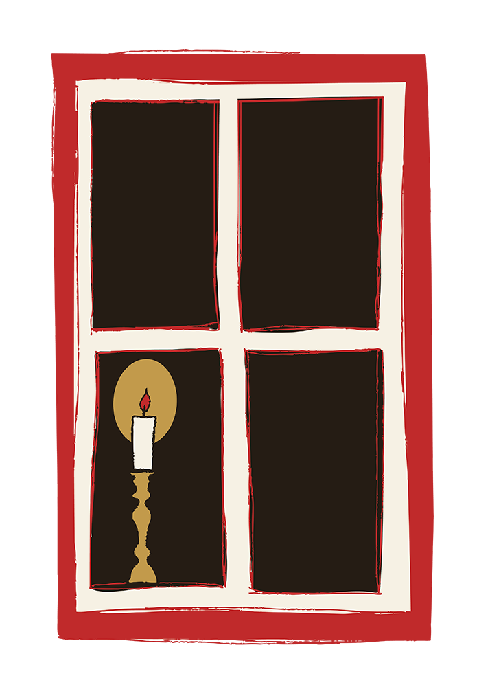 Custom digital illustration of a window with a red frame and a lit candle on the window sill as part of the branding portfolio for O'Sullivans Courthhouse Travel Tours.