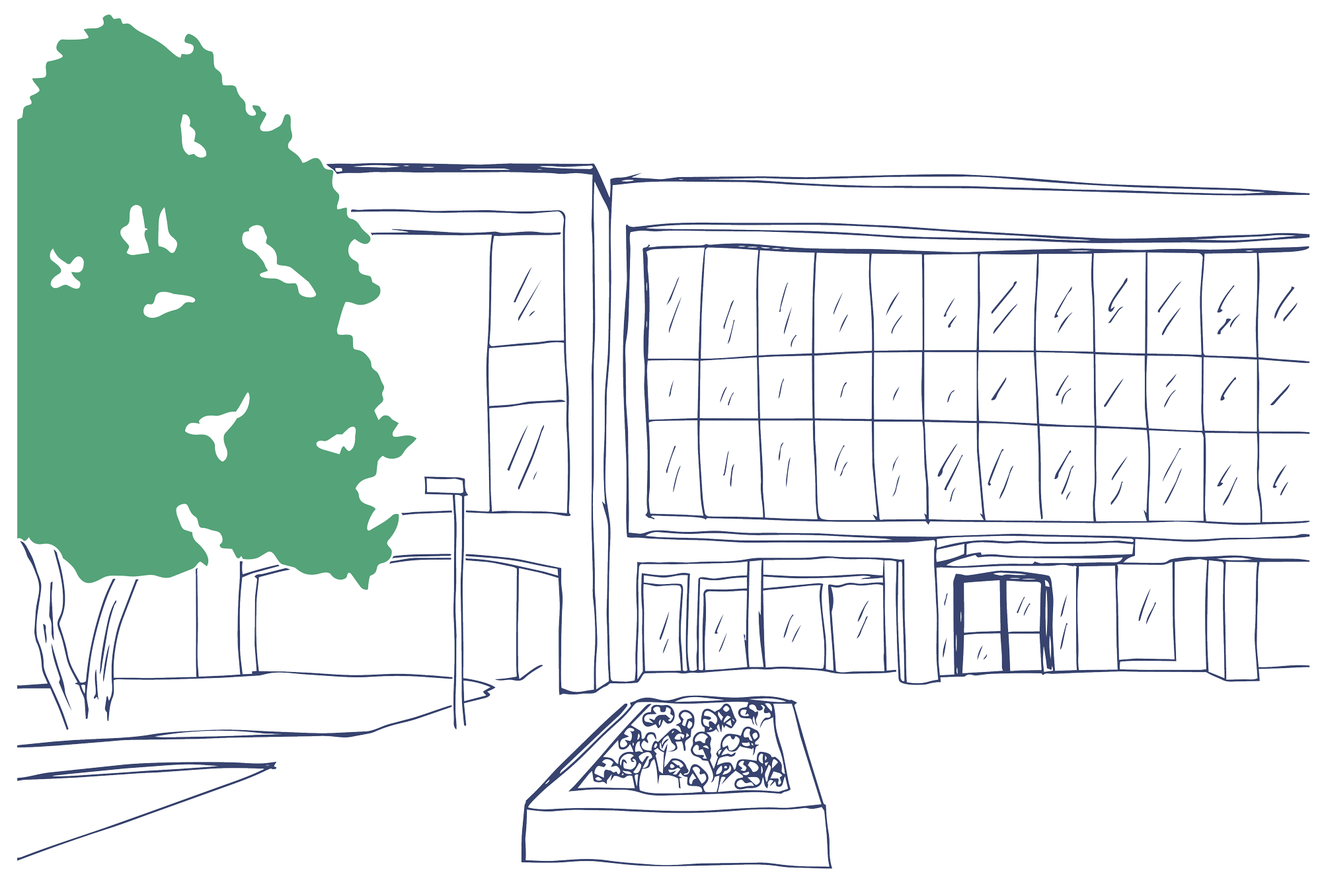 Line illustration of the front entrance of McNeely Brockman Public Relations office in Brentwood, TN.