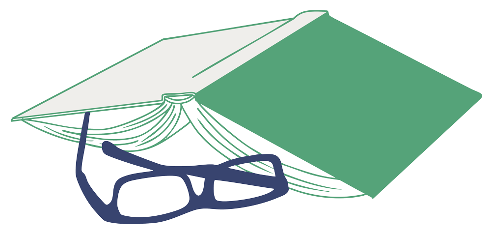 Line illustration of an open book and reading glasses, representing data-driven PR research and media strategy.