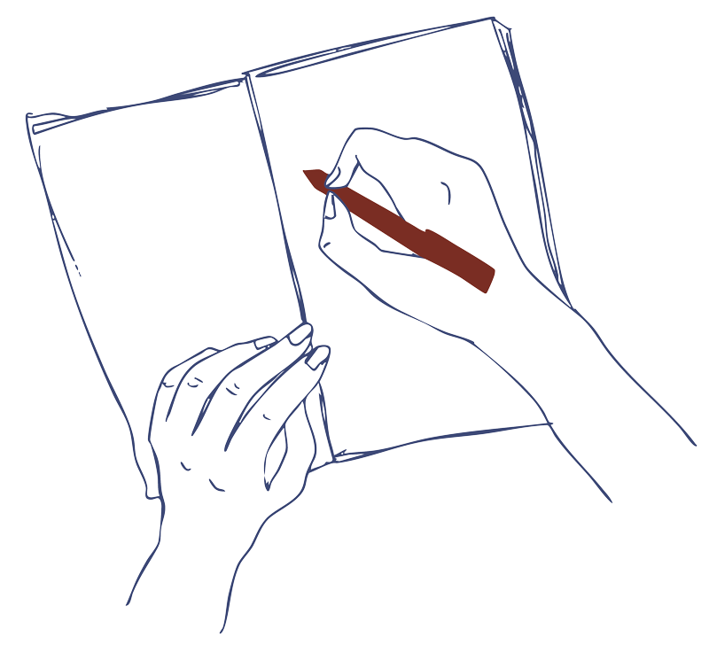 Line drawing of a hand writing with a pen, capturing McNeely Brockman's thoughtful, classic approach to modern brand messaging.
