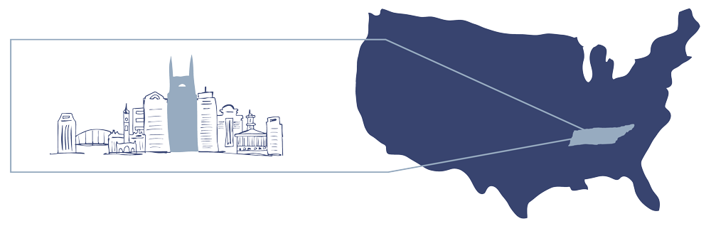 Map illustration of the United States highlighting Tennessee and the Nashville skyline, representing McNeely Brockman Public Relations' national media reach from their local home base.