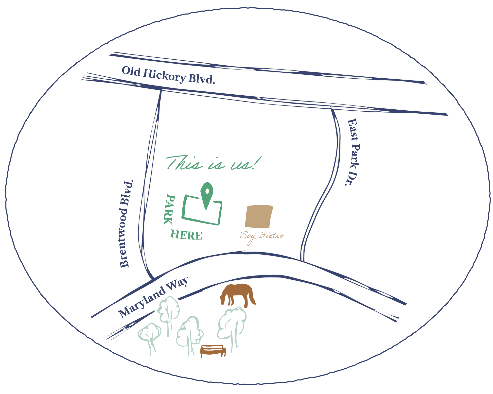 Custom map drawing showing the MBPR public relations office in Brentwood, TN, serving clients across the Nashville metro area.