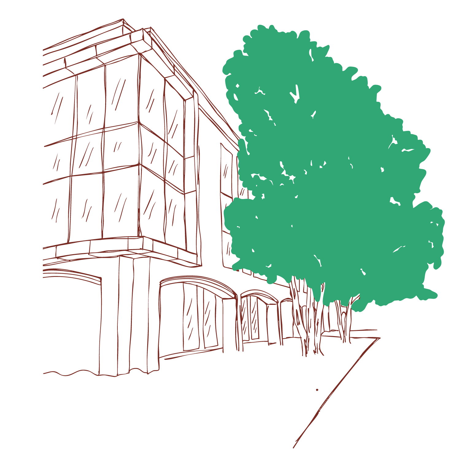 Line illustration of the exterior of McNeely Brockman Public Relations office in Brentwood, TN.
