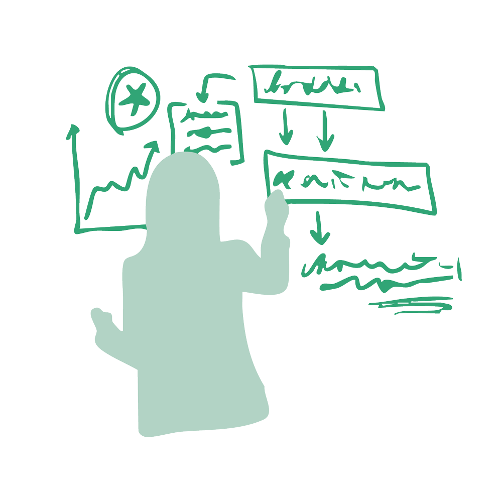 Illustration of a person at a whiteboard, symbolizing brand building and messaging strategy sessions at McNeely Brockman.